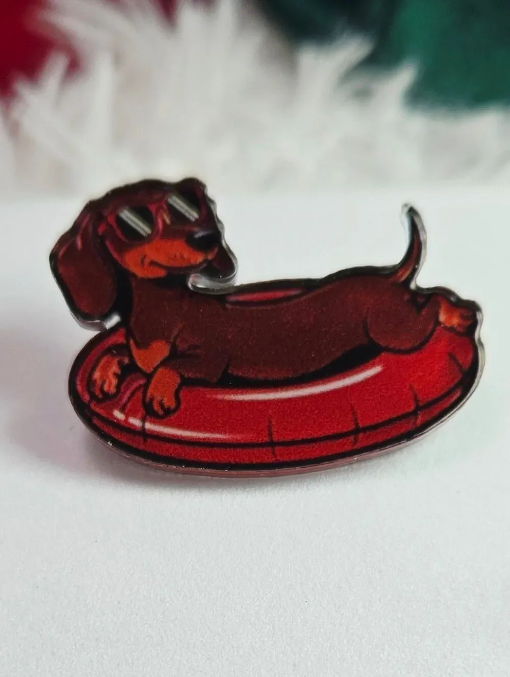 Dachshund Pool Float Lapel Pin Summer Doxie Acrylic Dog Mom Summer Beach Vibes